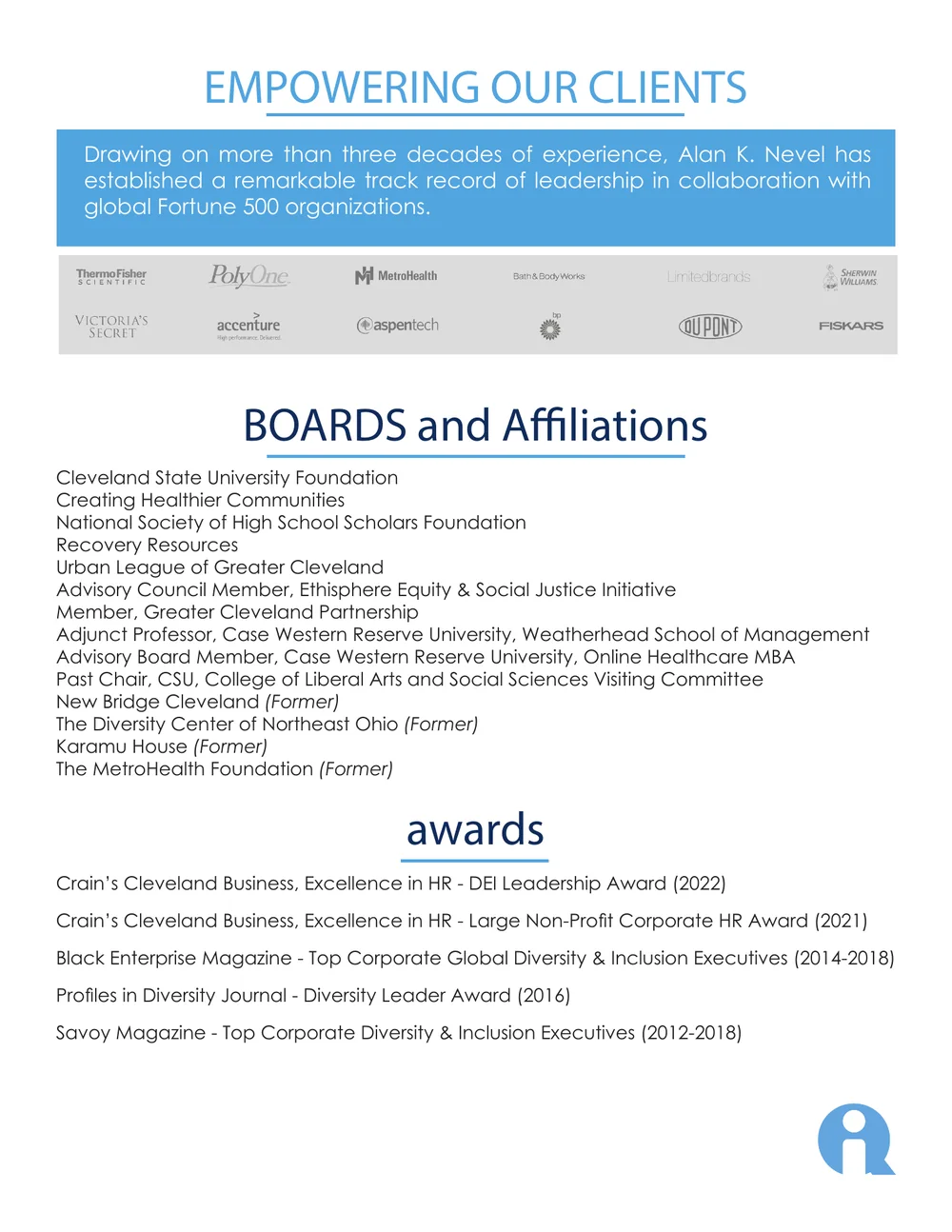 INTETHIQ proposal page showing client experience, affiliations, and awards.