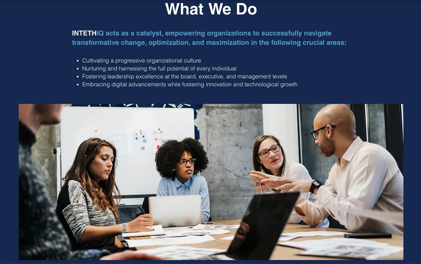 INTETHIQ What We Do page showing the service architecture within the digital brand system.