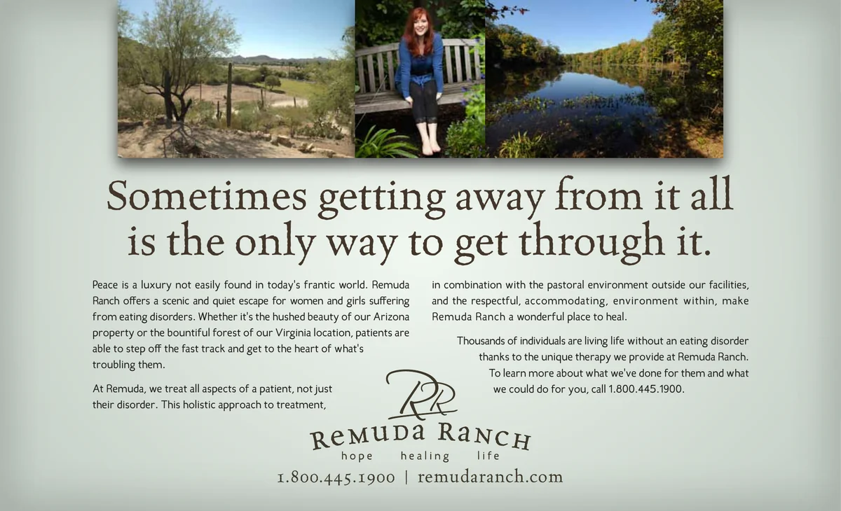 Remuda Ranch web advertisement with the headline Sometimes getting away from it all is the only way to get through it.