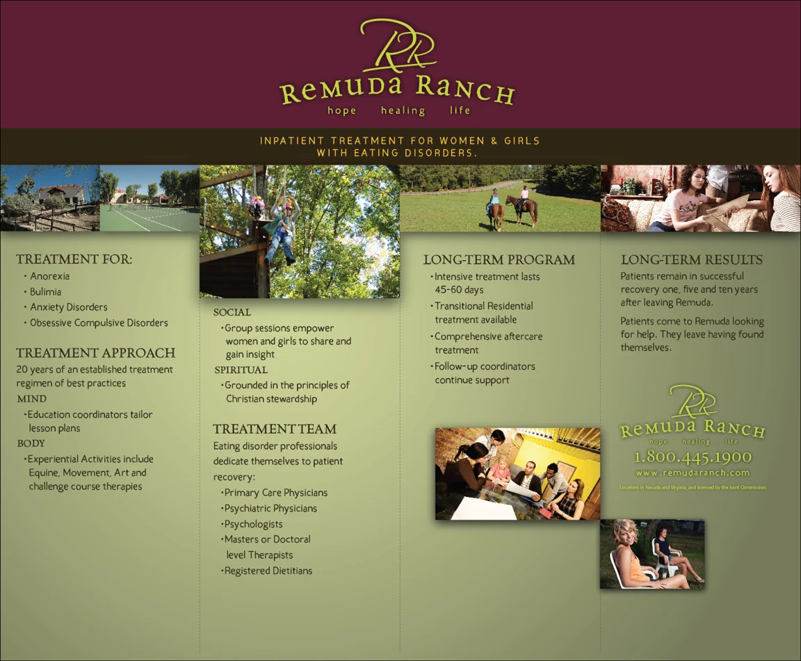 Large-format Remuda Ranch display showing program information, photography, and the organization's established identity.