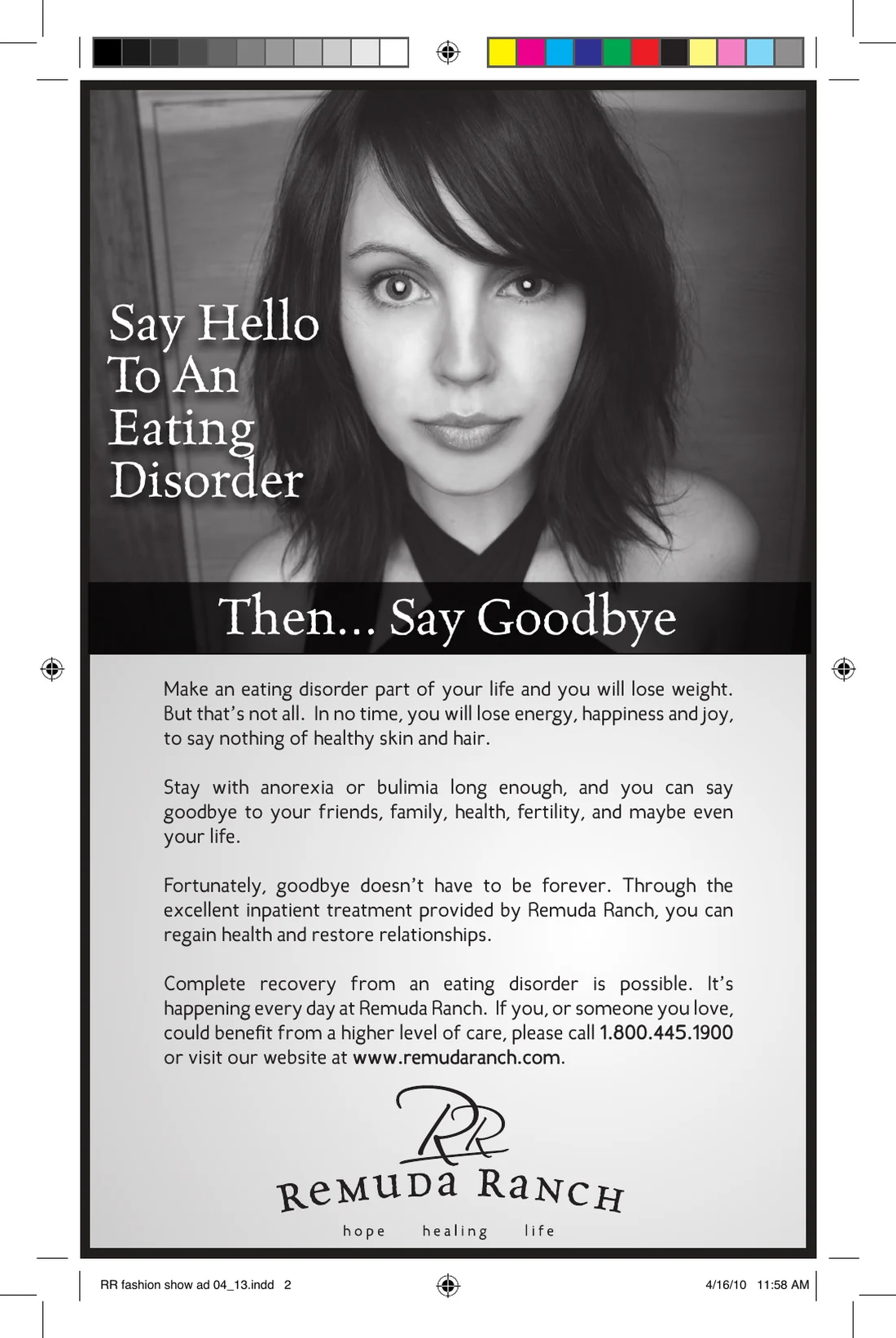 Black and white Remuda Ranch advertisement with the headline Say Hello To An Eating Disorder. Then Say Goodbye.